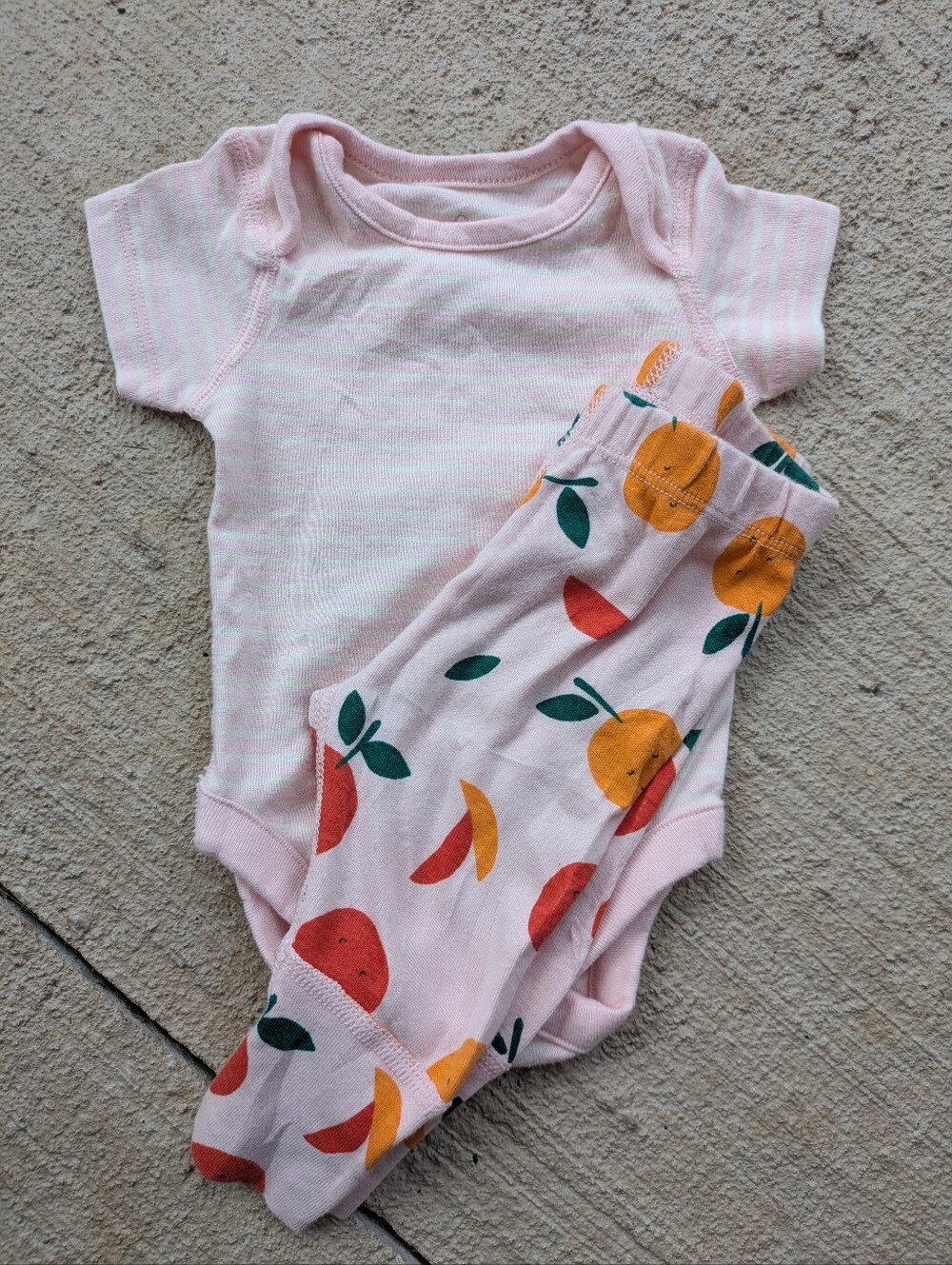 Hanna Andersson Set Pink Stripes Onesie Apple/Orange Print Pants Newborn 0/3m